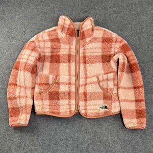 The North Face Girls Fuzzy Plaid Fleece Jacket Pink Cream Size Medium